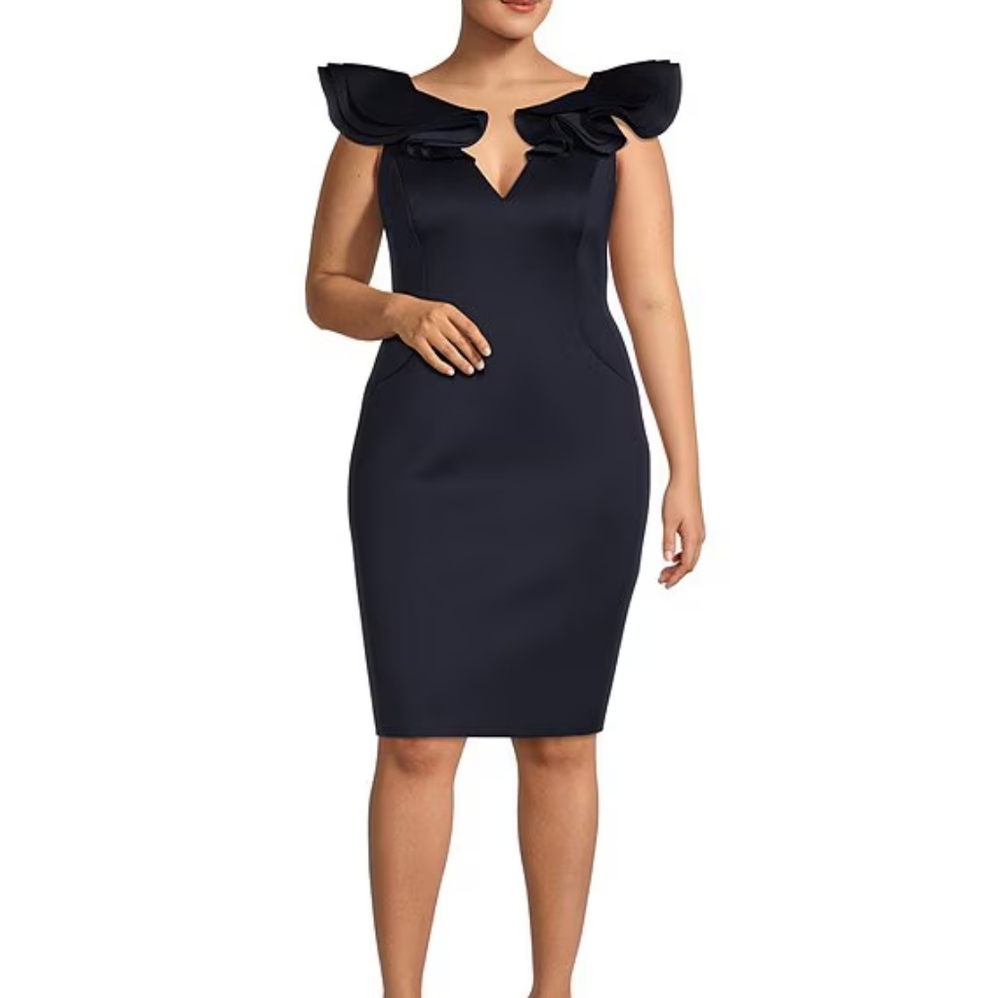 Eliza j  Size 8 Scuba V-Neck Ruffle Cap Sleeve Sheath Dress in navy